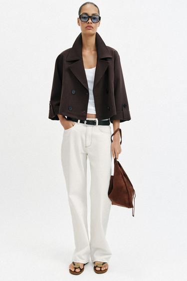 KORT TRENCHCOAT MED OPRULLEDE ÆRMER - Brun fra Zara