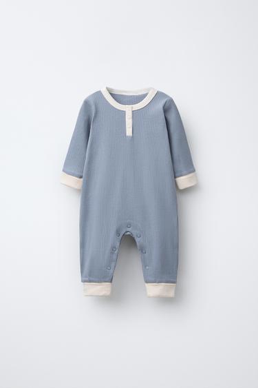 Zara 0-18 MONTHS/ CONTRAST ONE-PIECE PAJAMAS - Blue / Gray