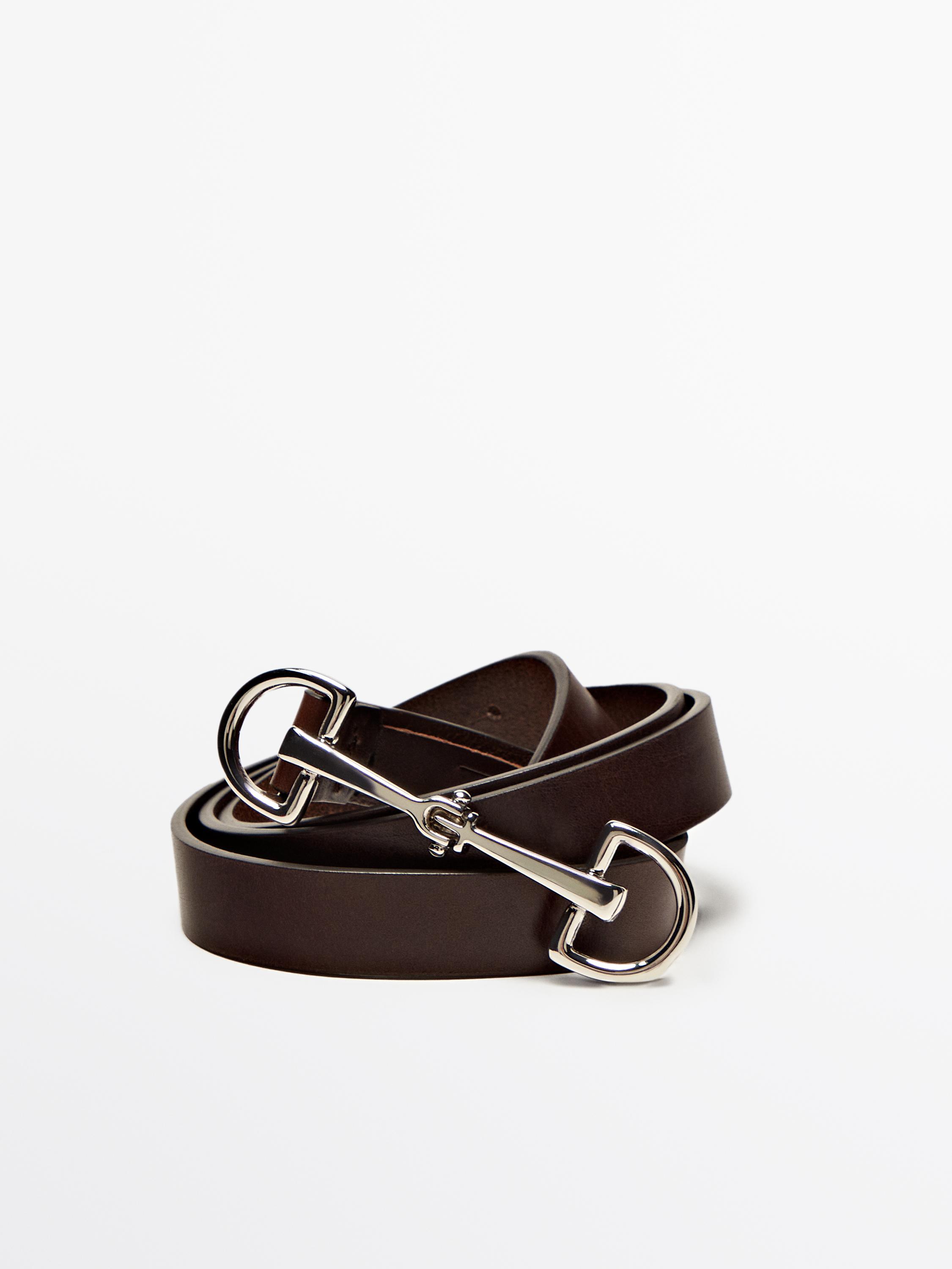 Leather belt with round buckle - Brown