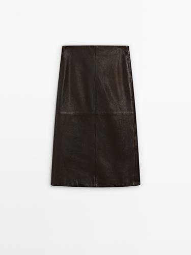 Zara Straight nappa leather midi skirt with slit - Brown