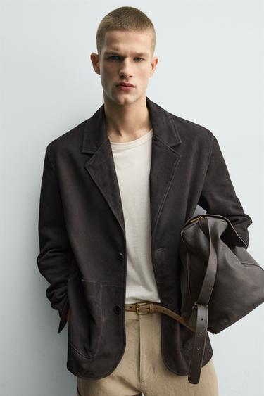 WASHED SUEDE LEATHER BLAZER - Dark brown by Zara - Image 4