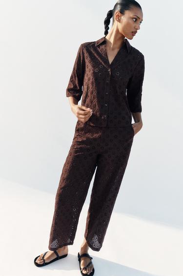PANTALON JUPE-CULOTTE BRODERIES PERFORÉES - Marron de Zara - Image 3
