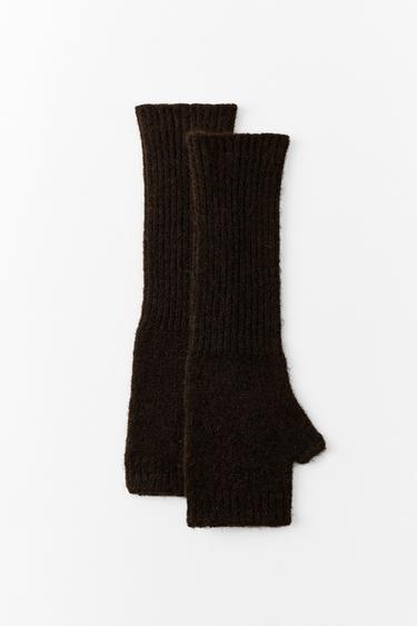 LONG KNIT MITTENS — Brown 1