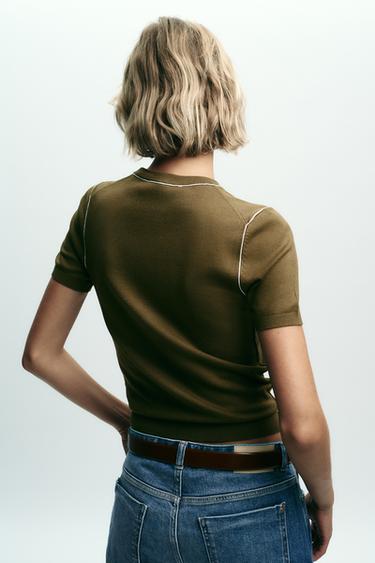 SHORT SLEEVE KNIT TOP WITH PIPED TRIMS - Khaki by Zara - Image 4