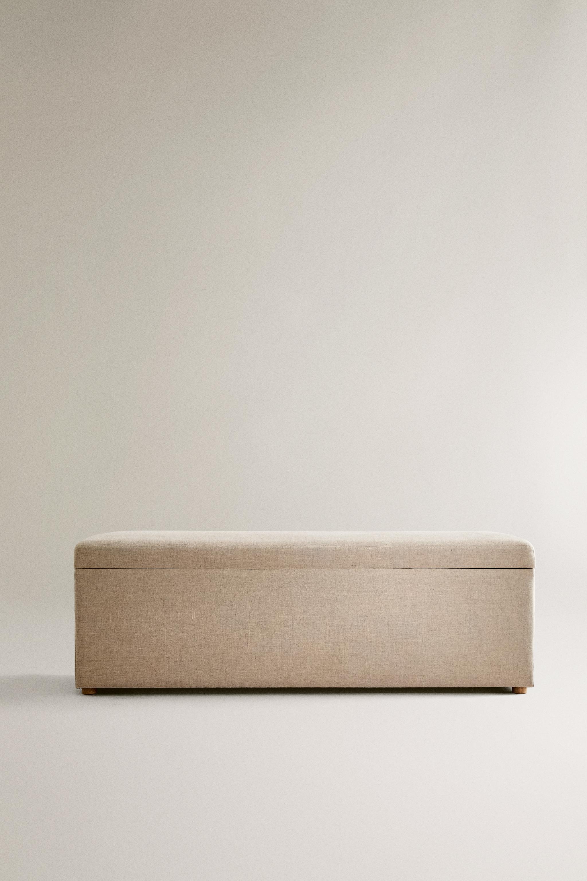WOOD AND LINEN STORAGE BENCH — Light beige