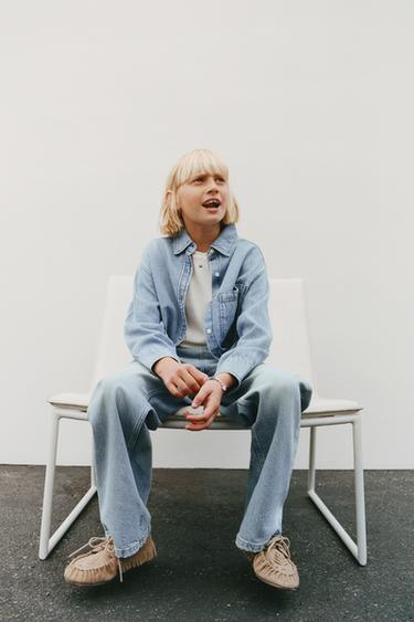 Zara DENIM SHIRT AND RIB KNIT T-SHIRT SET - Blue