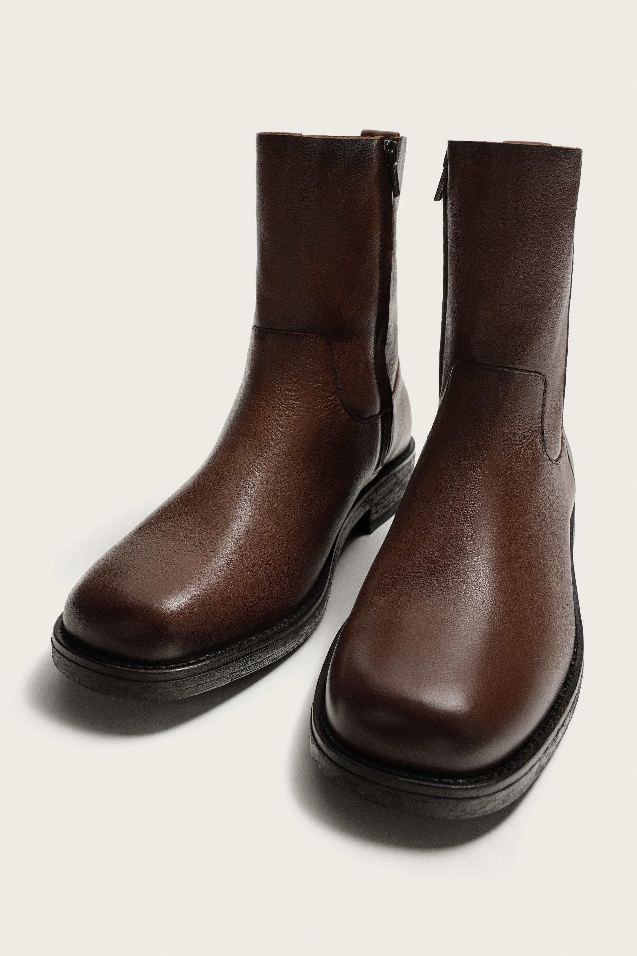 ZARA Leather Rustic Boots ブーツ LEATHER BOOTS - Brown | ZARA United States