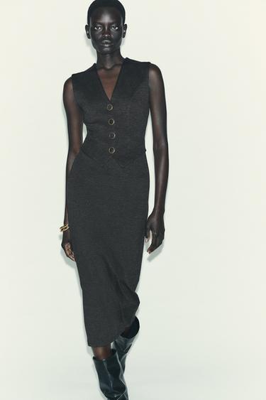 Zara BUTTON MIDI DRESS - Dark anthracite