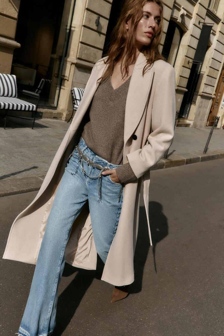 Long Jackets To Go With Jeans LONG WOOL COAT WITH BELT Beige ZARA