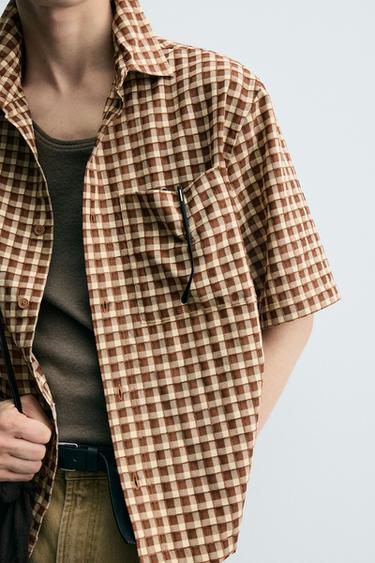 TEXTURED CHECK SHIRT - Ecru / Brown by Zara - Image 5