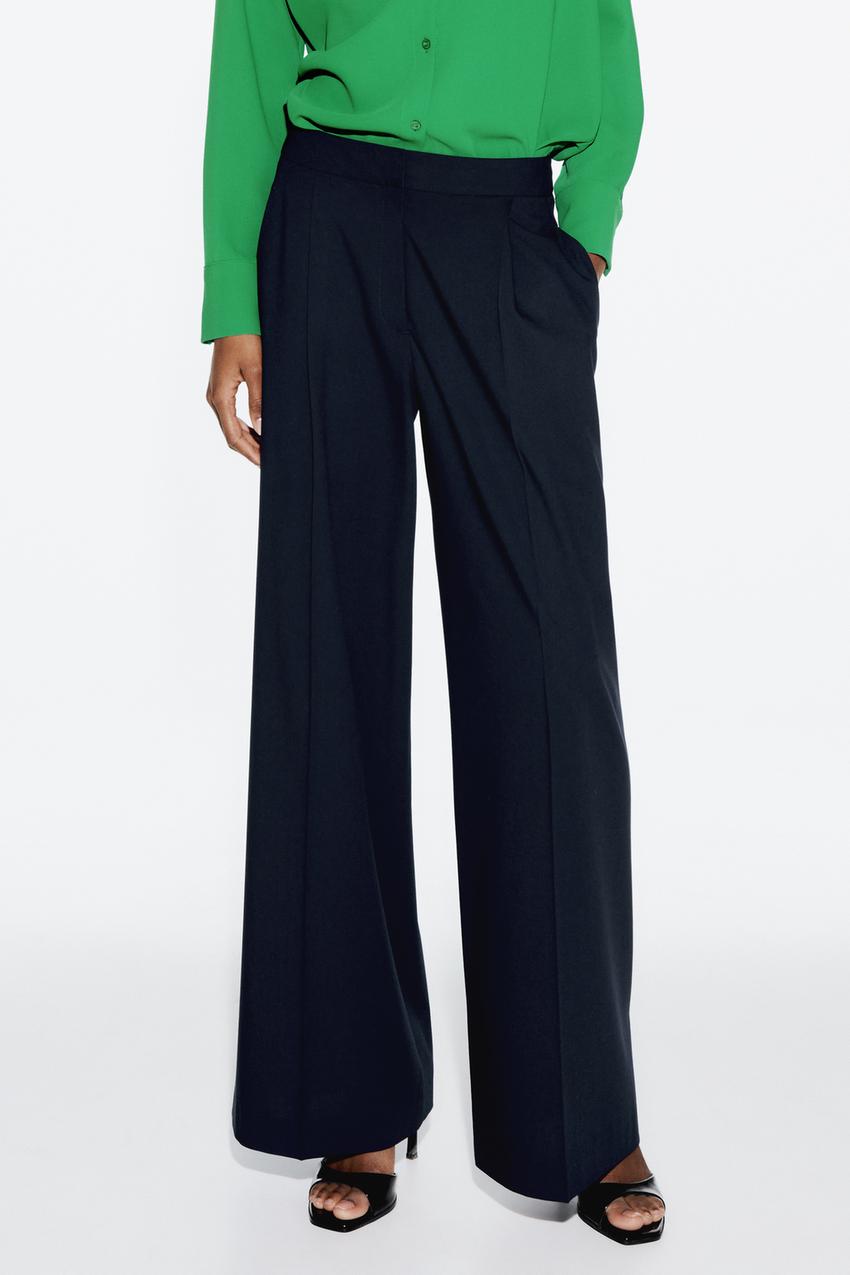 Zara Belted Blue Checked High Waisted Wide Leg Pants