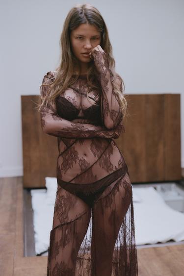 ROBE MI-LONGUE EN DENTELLE - Marron de Zara - Image 3