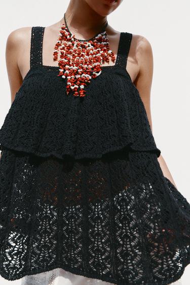 TOP EN MAILLE POINTELLE VOLANT - Noir de Zara - Image 3