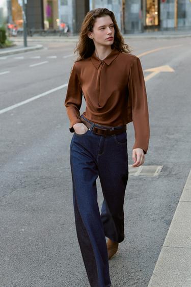 قميص منسدل بمظهر ساتاني - بني الخاص بـ Zara - صورة 0