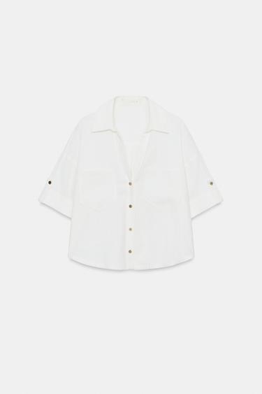 CAMISA CROP MEZCLA LINO BOTONES - Blanco roto de Zara