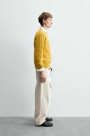 COTTON CABLE-KNIT TEXTURED JUMPER - Yellow by Zara - Image 3