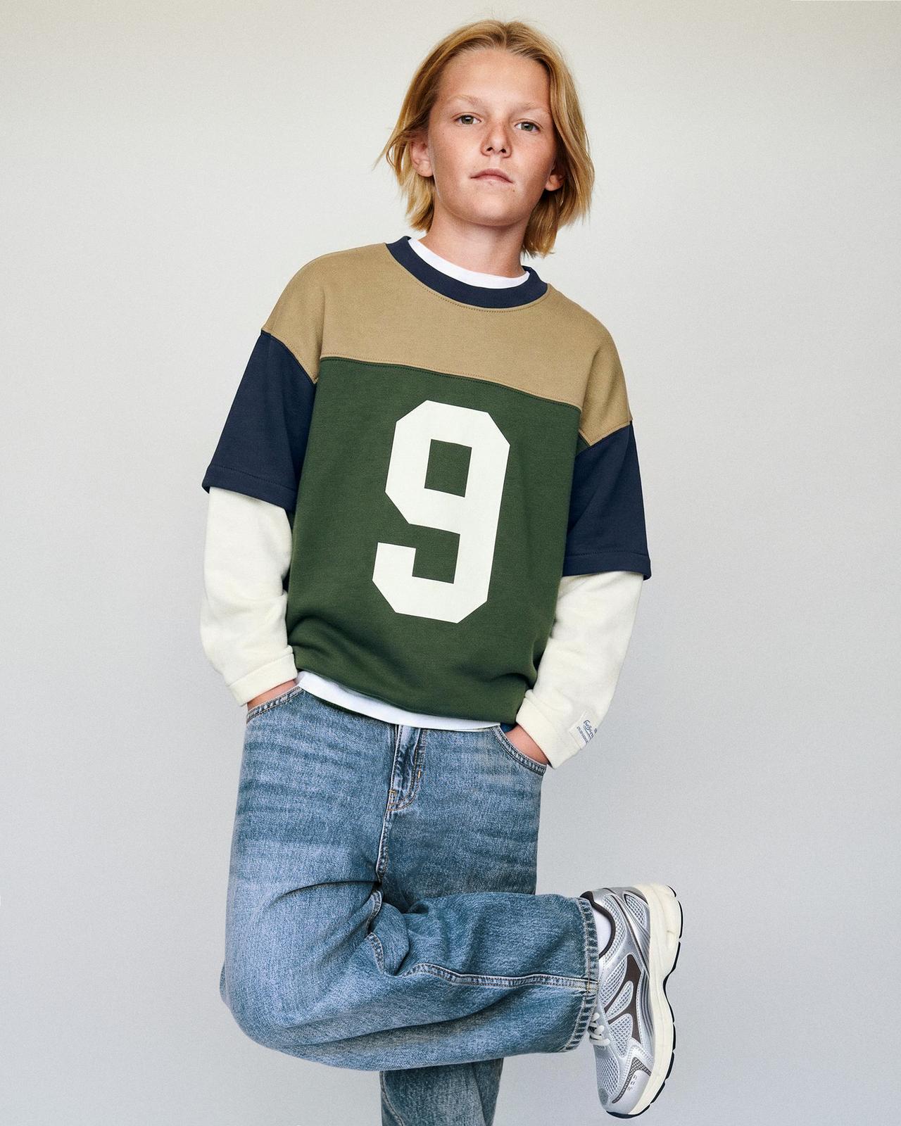 VARSITY NUMBER DOUBLE-SLEEVE SWEATSHIRT — Green / Ecru