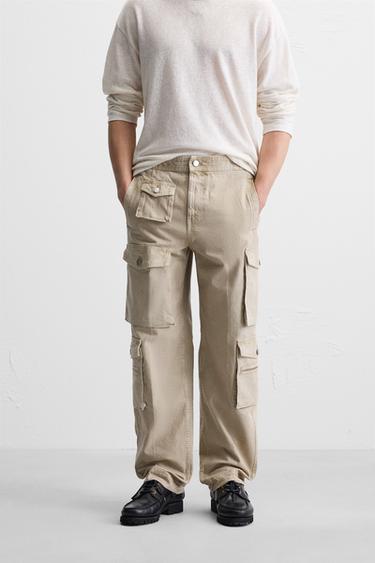 Zara POCKET DENIM CARGO PANTS - Beige