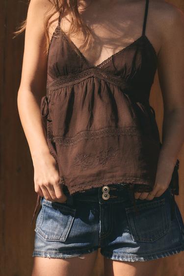 TOP EN GAZE À BRETELLES BRODÉES - Marron de Zara - Image 1