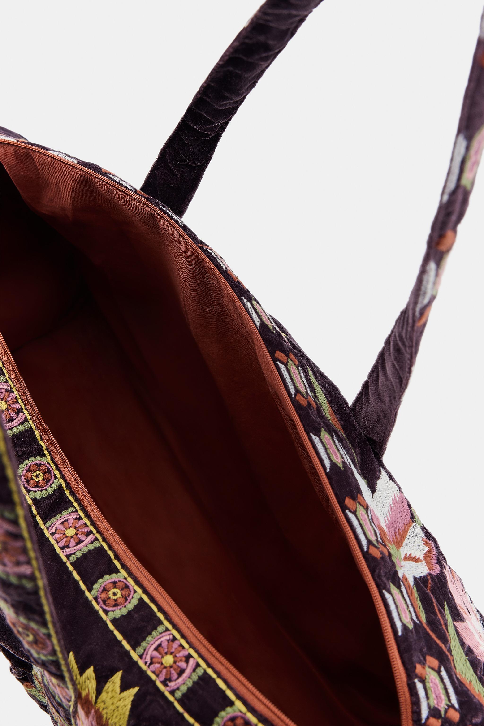 QUILTED VELVET BAG WITH EMBROIDERED FLOWERS