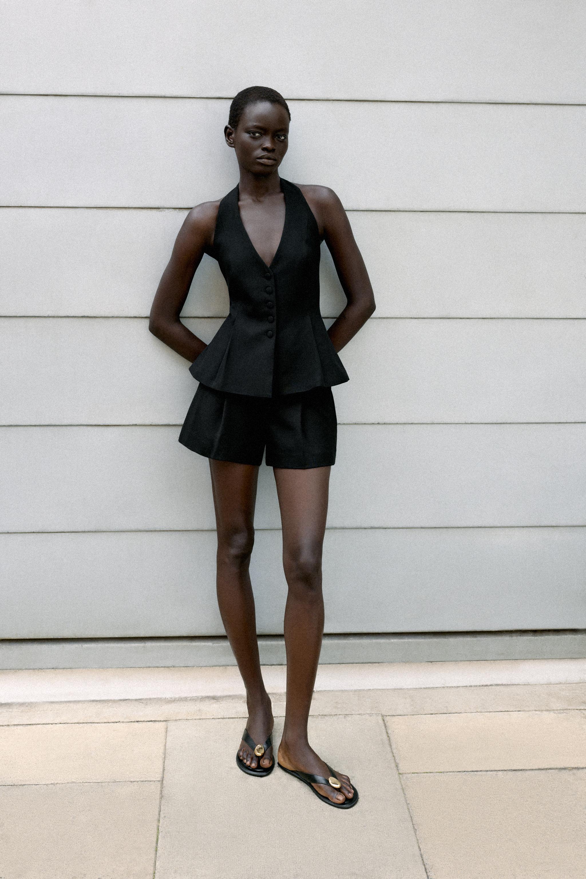 COVERED BUTTON HALTER VEST TOP — Black (alternate view)