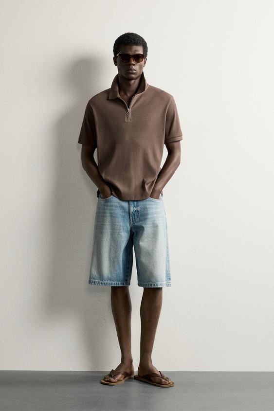 REGULAR FIT POLO SHIRT WITH ZIP - Brown by Zara - Image 0