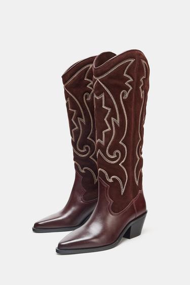BOTTES COW-BOY EN CUIR BRODÉES - Bordeaux de Zara - Image 4