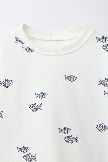 Zara FISH PRINT T-SHIRT - Ecru