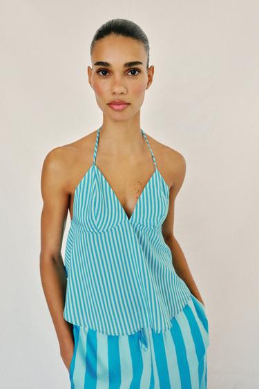 STRIPED OPEN-BACK TOP - Dark turquoise by Zara