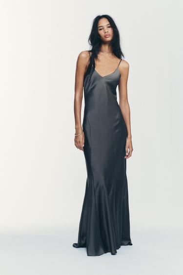 Zara SATIN EFFECT LONG DRESS - Charcoal