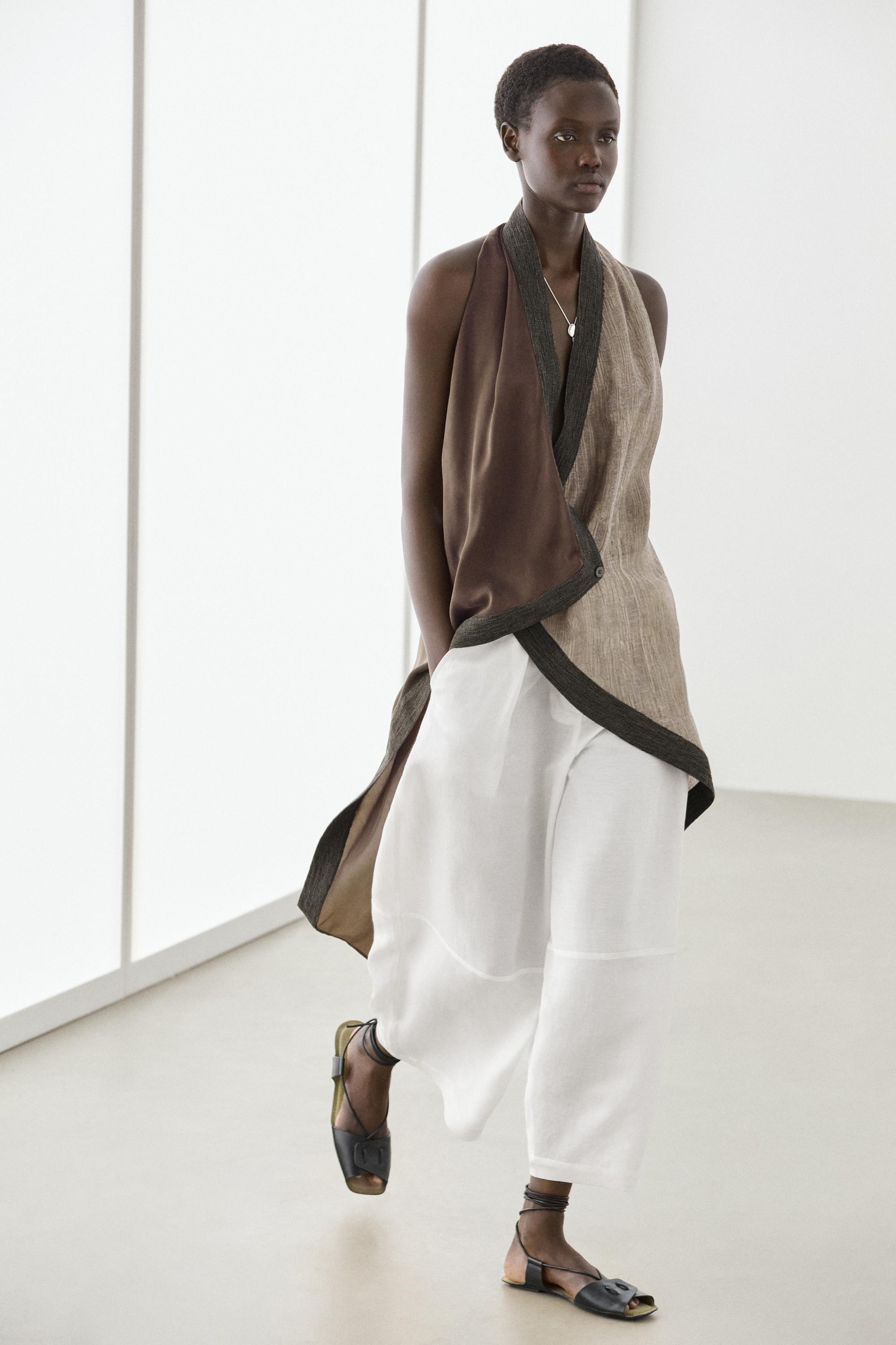 Flowing wrap top with mixed fabric detail — Brown