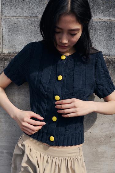 CONTRAST BUTTON KNIT CARDIGAN - Navy blue by Zara