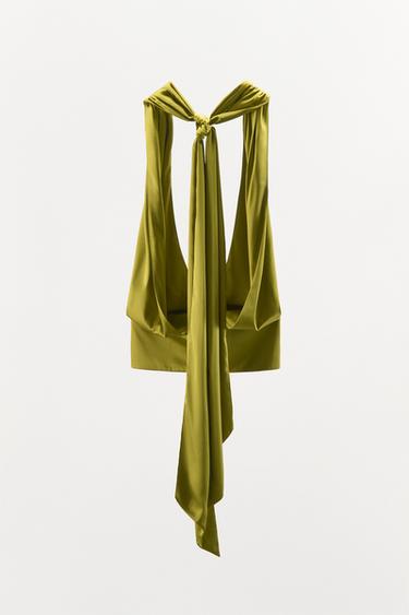 HALTER NECK SATIN SCARF TOP - Olive green by Zara - Image 5