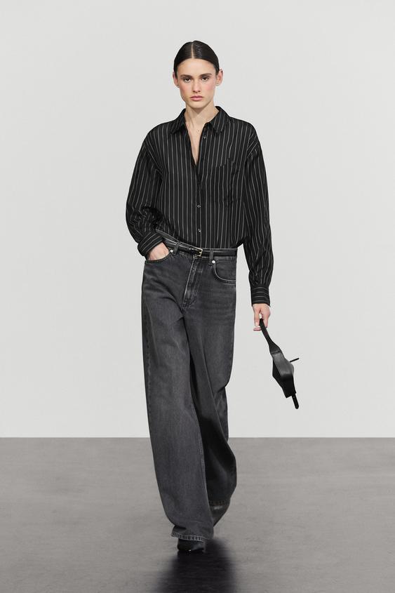 Zara Striped flowing shirt with pocket detail - Black - Image 0