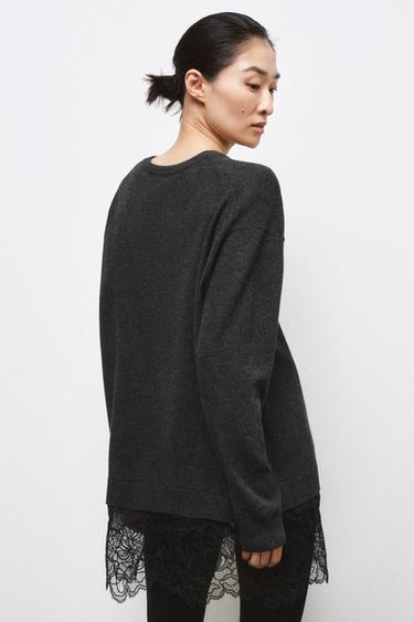 LONG KNIT JUMPER WITH LACE DETAIL - Grey by Zara
