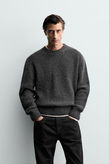 COTTON-WOOL TEXTURED SWEATER - Dark grey marl by Zara