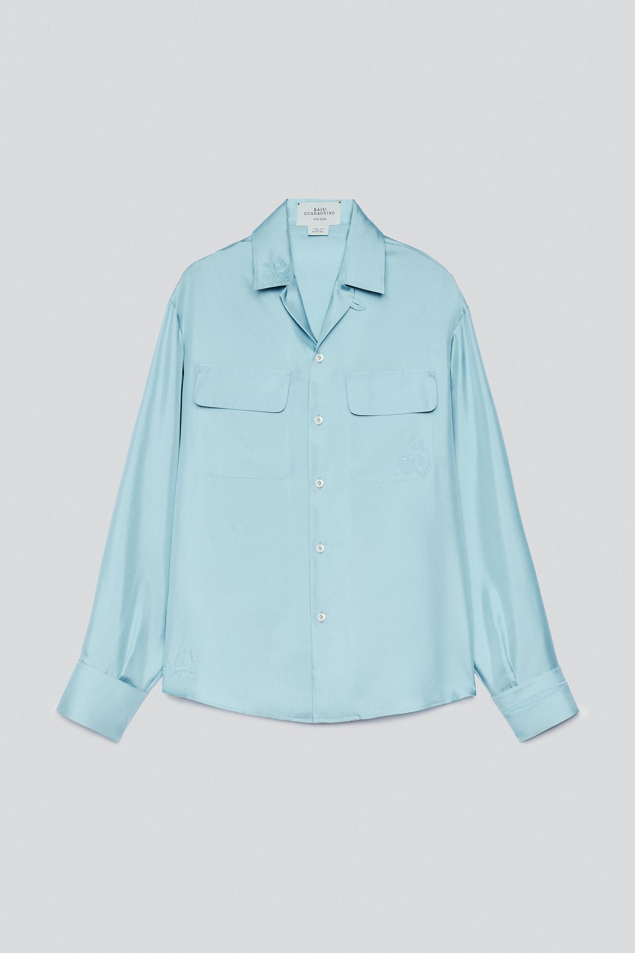 100% SILK POCKET SHIRT — Light blue