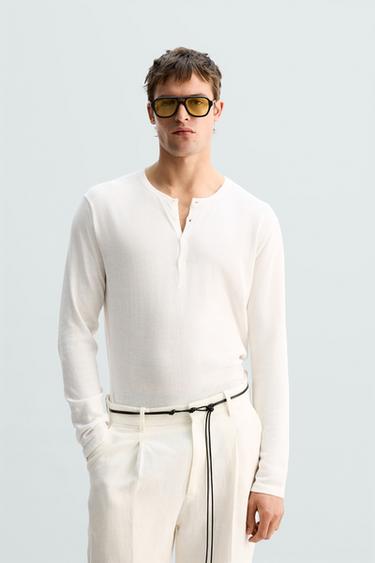Zara LIMITED EDITION KNIT BUTTON-NECK T-SHIRT - Ecru