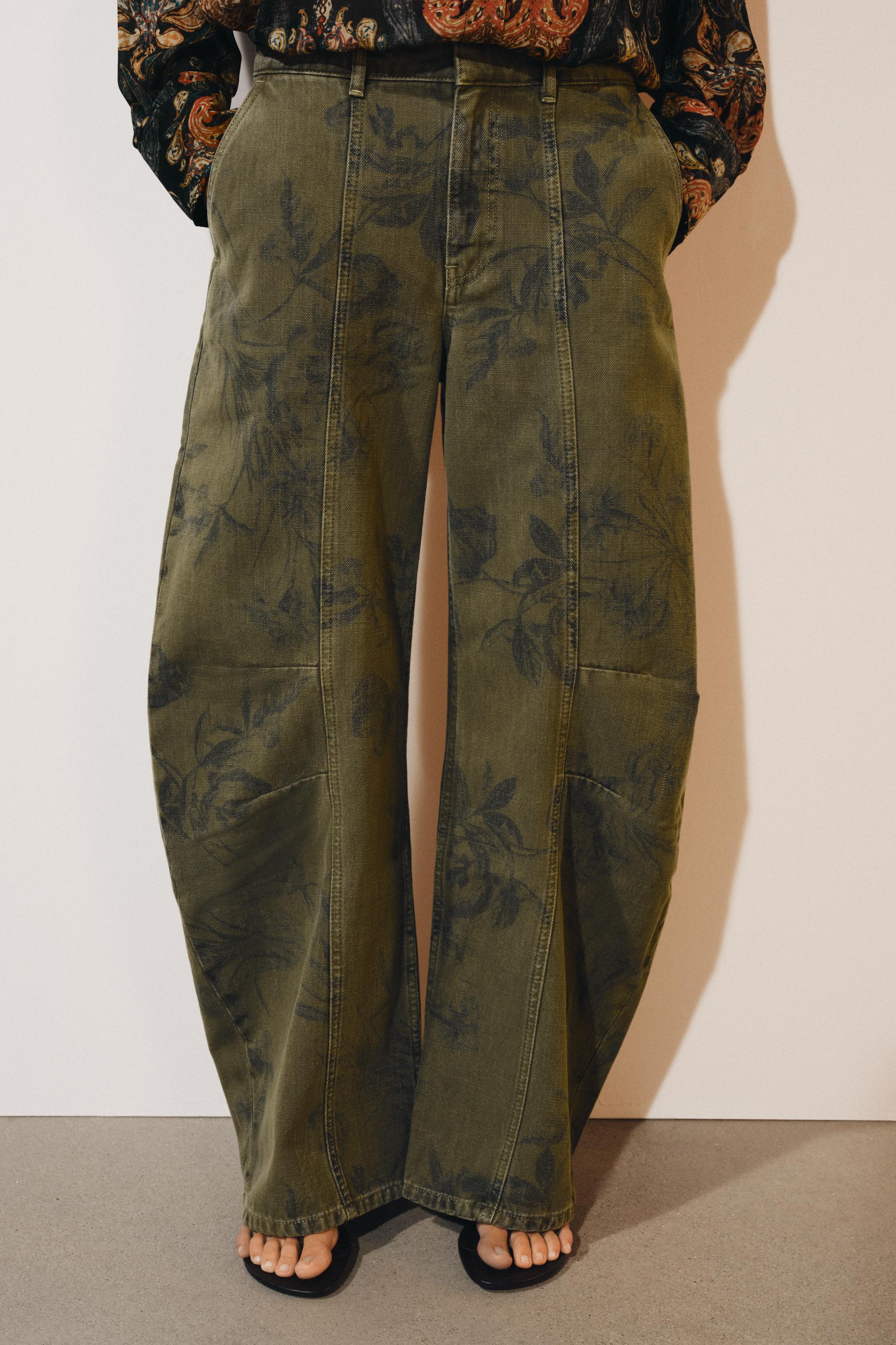 ZW COLLECTION FLORAL LOW-RISE BARREL LEG JEANS — Light beige