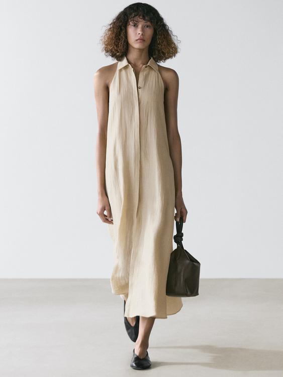 Linen blend polo collar midi dress