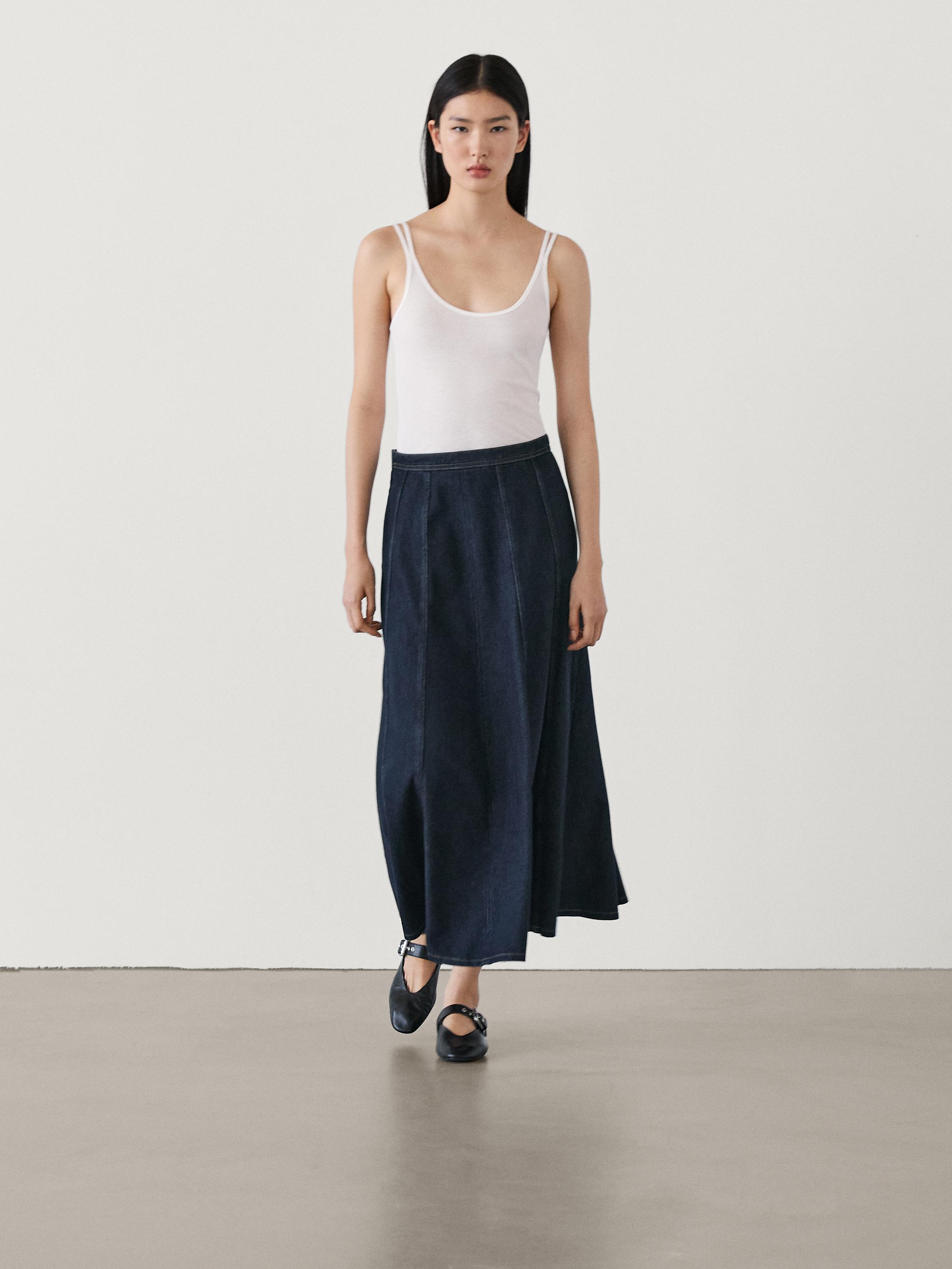 100 cotton denim midi skirt