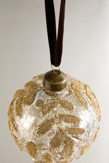GLITTERY FLORAL BAUBLE CHRISTMAS TREE DECORATION - Golden by Zara - Image 2