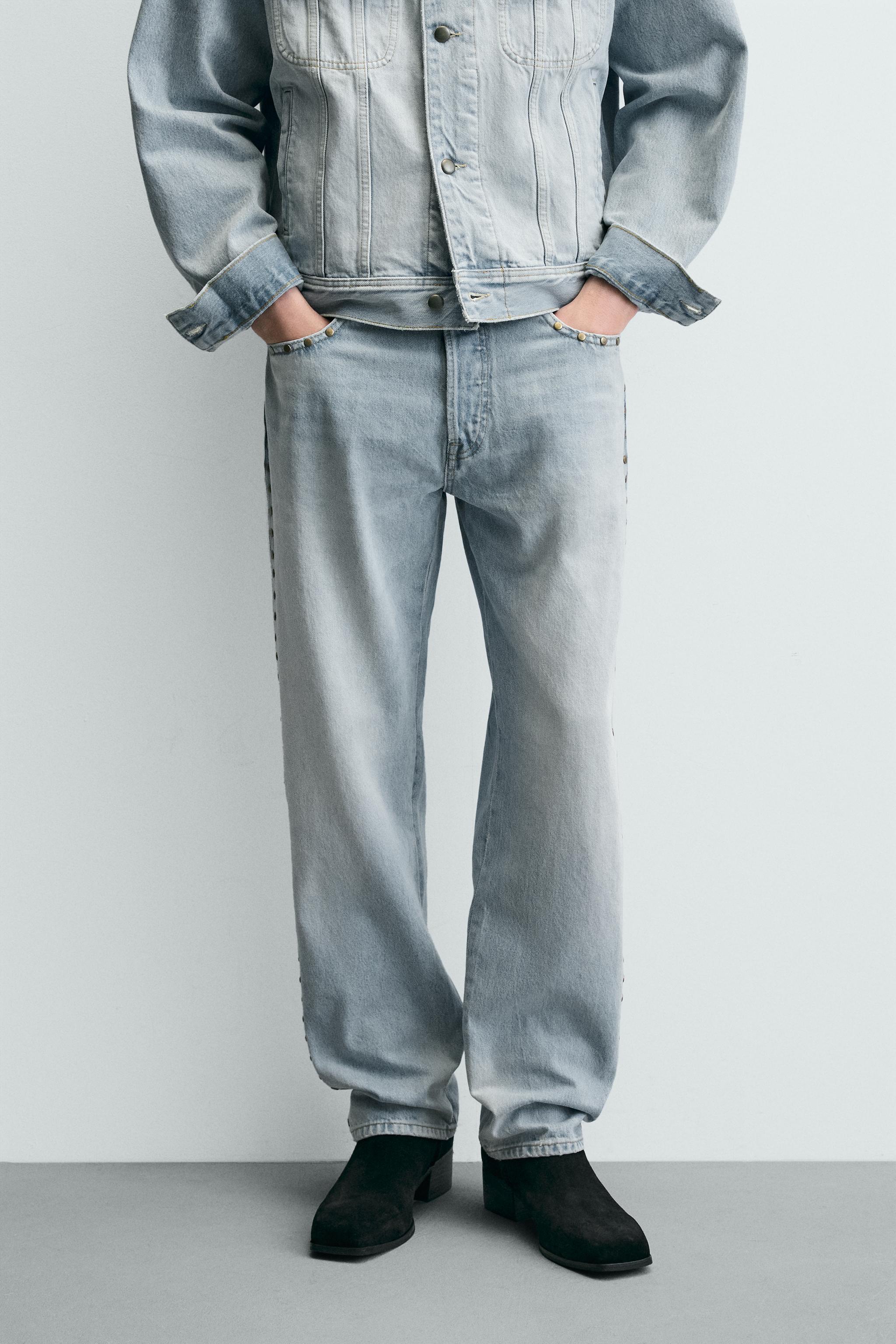 STRAIGHT-LEG JEANS WITH METAL STUDS — Light blue