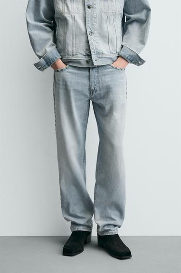 Zara STRAIGHT FIT JEANS WITH METAL STUDS - Light blue