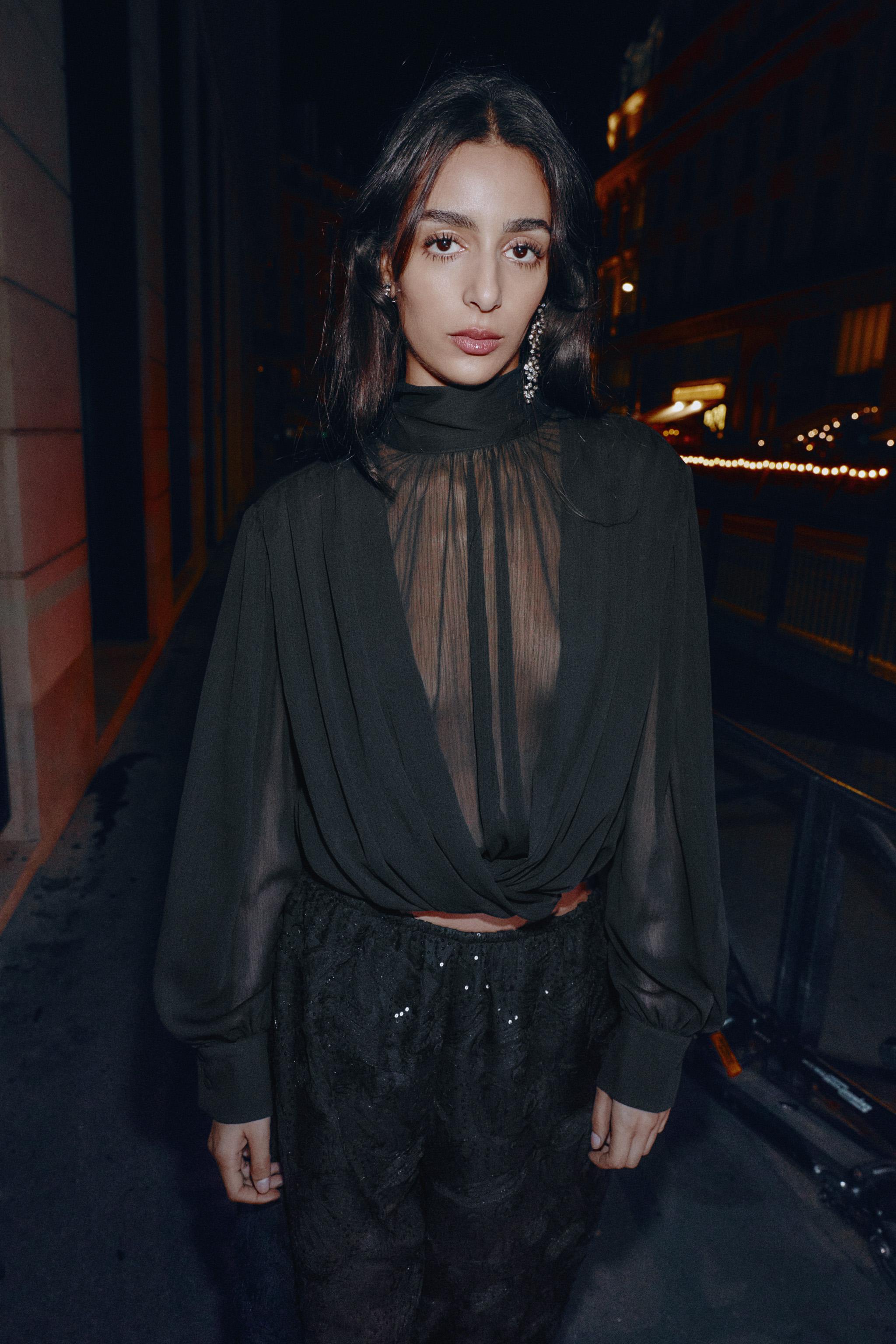 DRAPED SEMI-SHEER PUFF SLEEVE TOP