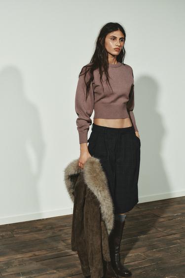 Zara CROPPED BASIC KNIT JUMPER - Brown / Taupe