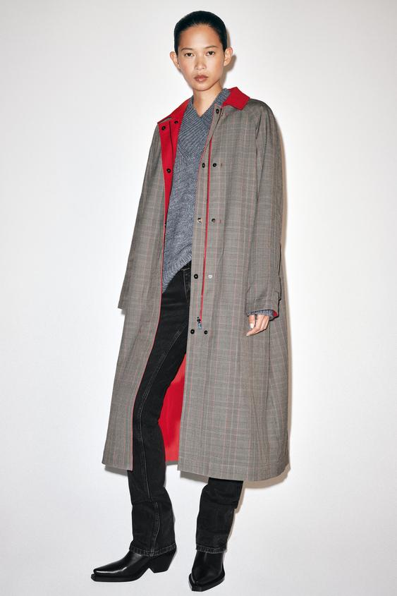 Zara ZW COLLECTION REVERSIBLE LONG PLAID TRENCH COAT - Red - Image 0