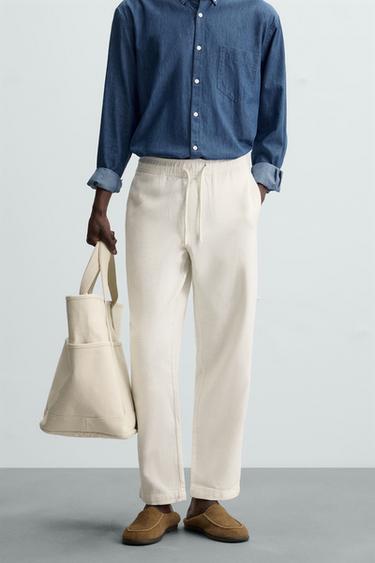 Zara TEXTURED RELAXED FIT PANTS - Oyster-white
