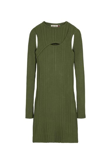 Olive green ribbed knit dress with long sleeves and cut-out detail on the neckline. Visible tag: "ZARA SRPLS".