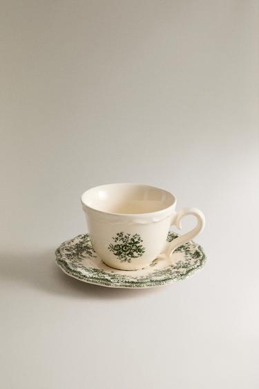 CHÁVENA DE CAFÉ COM PRATO FLORAL - Verde-azeitona-escuro da Zara - Imagem 0